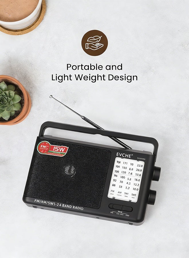 EVCHE Portable Radio FM/AM/SW Receiver with USB & Battery Power, Earphone Jack, Black - Image 4